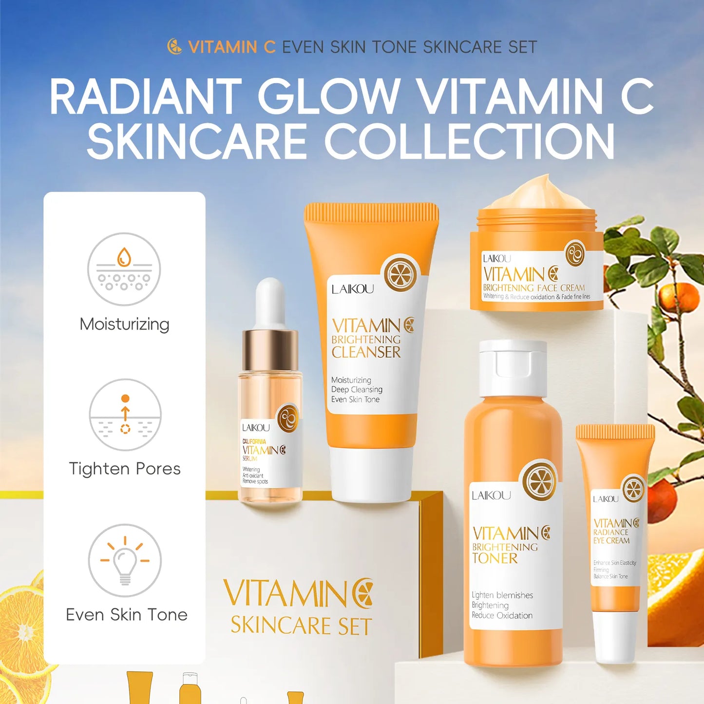 LAIKOU Vitamin C Skin Care Set – 5-Piece Moisturizing Facial Kit with Serum, Eye Cream & Anti-Aging Formula for Brighter, Smoother Skin