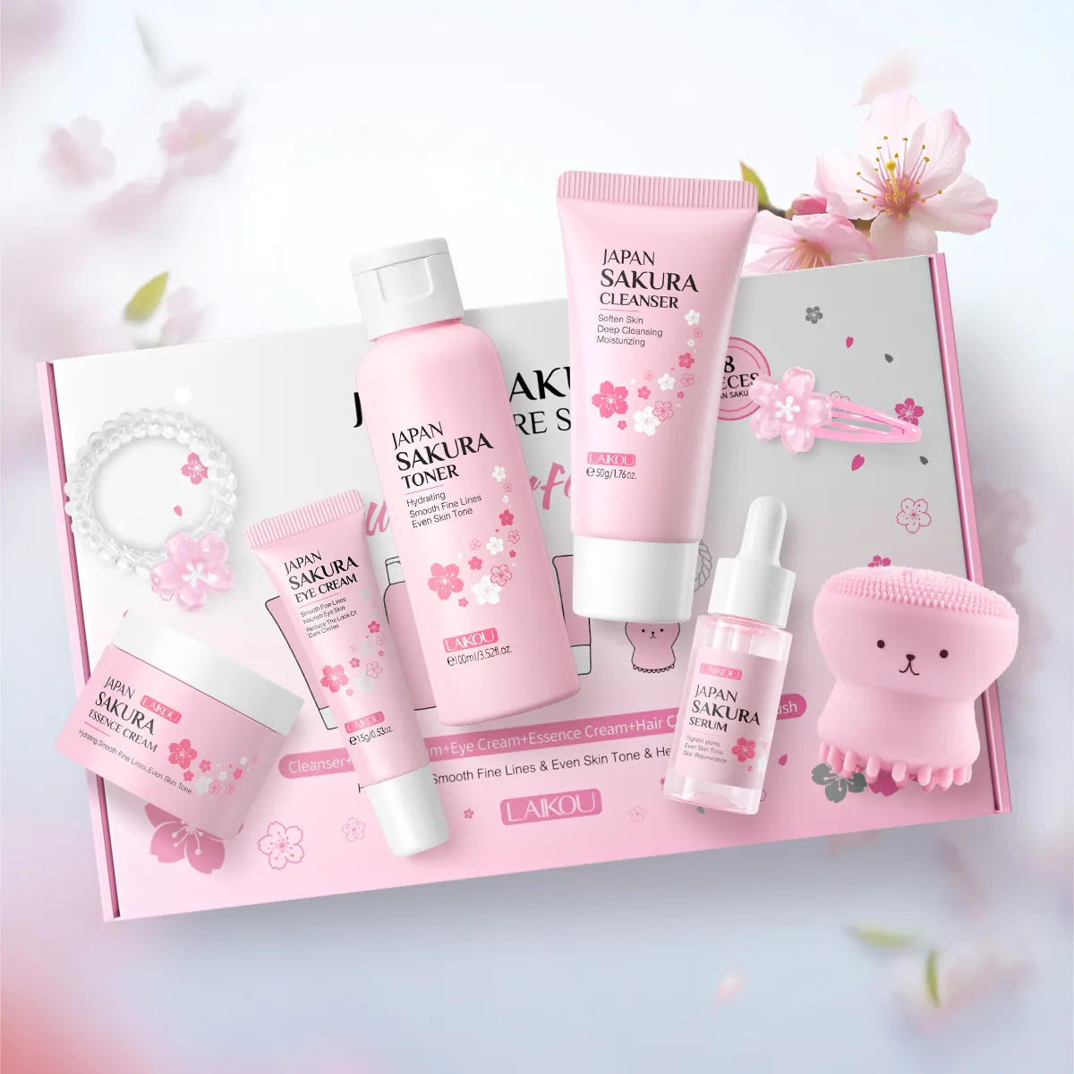 LAIKOU Sakura 8-Piece Professional Skincare Set – Hydrating, Brightening, and Moisturizing Face Care Kit for Women