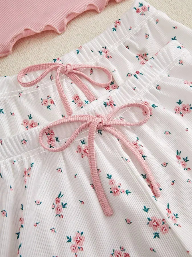 Ensemble de vêtements de nuit 3 en 1 en tricot côtelé pour femme – Haut caraco et short/pantalon à fleurs | Vêtements de détente confortables et élégants