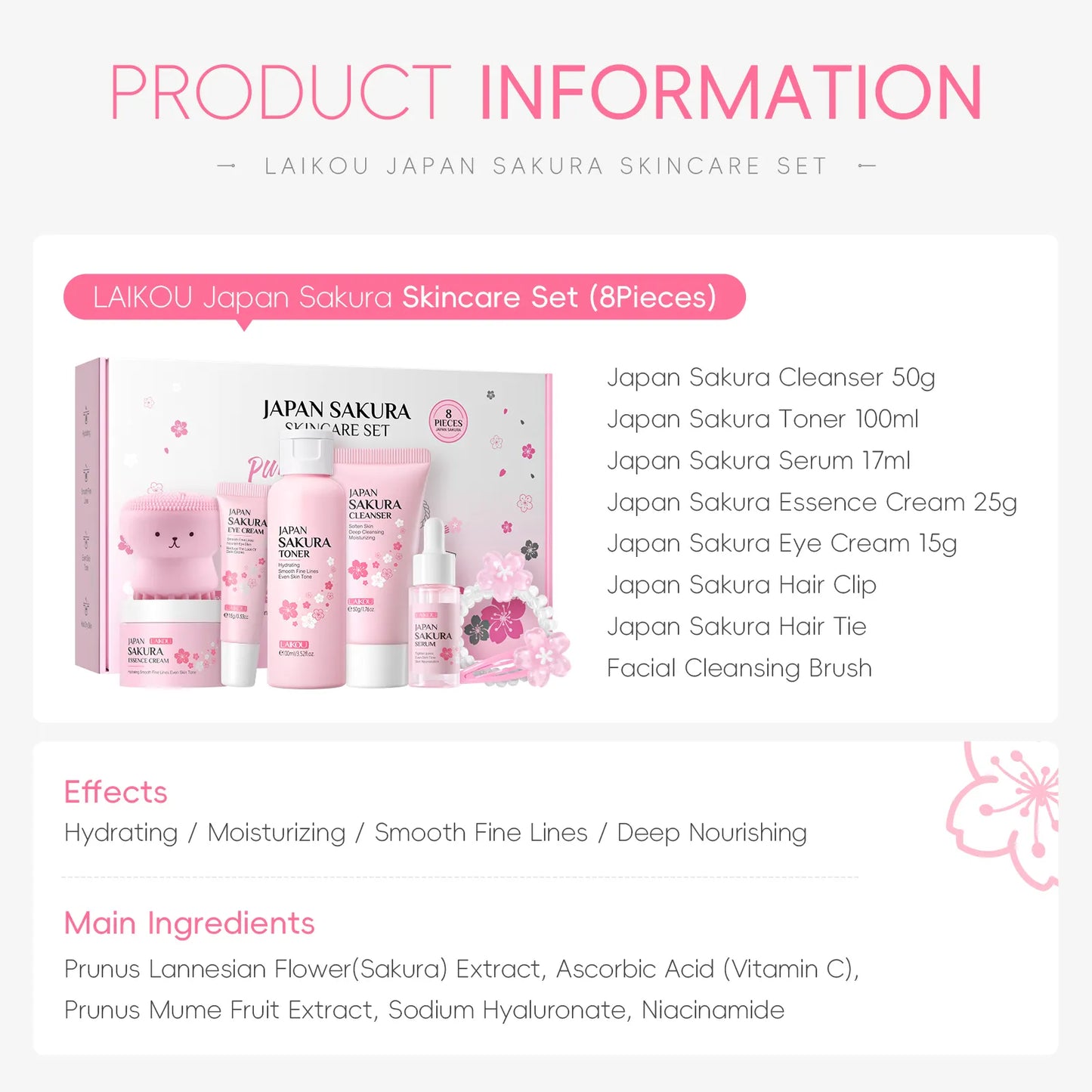 LAIKOU Sakura 8-Piece Professional Skincare Set – Hydrating, Brightening, and Moisturizing Face Care Kit for Women
