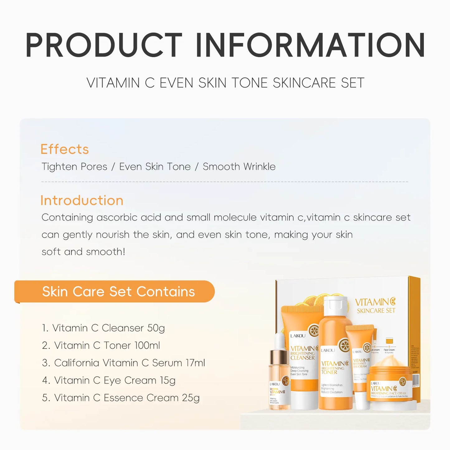 LAIKOU Vitamin C Skin Care Set – 5-Piece Moisturizing Facial Kit with Serum, Eye Cream & Anti-Aging Formula for Brighter, Smoother Skin