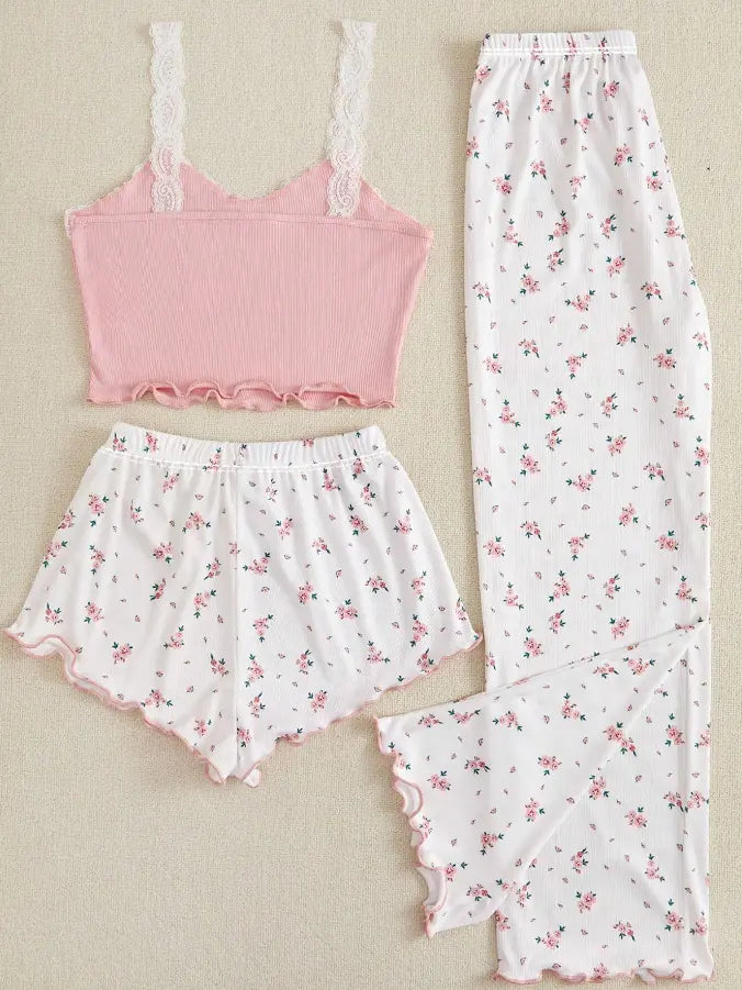 Ensemble de vêtements de nuit 3 en 1 en tricot côtelé pour femme – Haut caraco et short/pantalon à fleurs | Vêtements de détente confortables et élégants