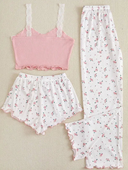 Ensemble de vêtements de nuit 3 en 1 en tricot côtelé pour femme – Haut caraco et short/pantalon à fleurs | Vêtements de détente confortables et élégants
