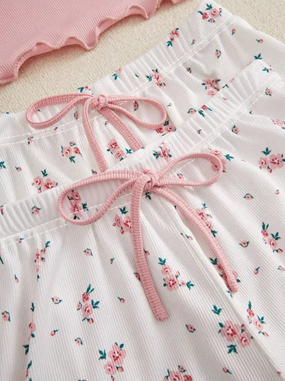 Ensemble de vêtements de nuit 3 en 1 en tricot côtelé pour femme – Haut caraco et short/pantalon à fleurs | Vêtements de détente confortables et élégants