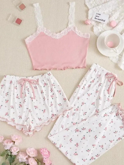 Ensemble de vêtements de nuit 3 en 1 en tricot côtelé pour femme – Haut caraco et short/pantalon à fleurs | Vêtements de détente confortables et élégants